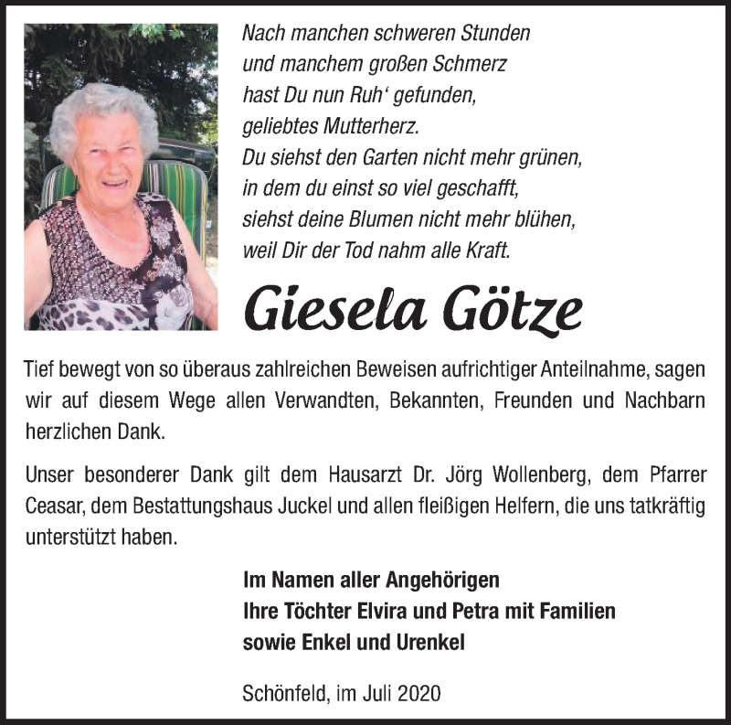 Traueranzeigen von Giesela Götze | Märkische Onlinezeitung Trauerportal