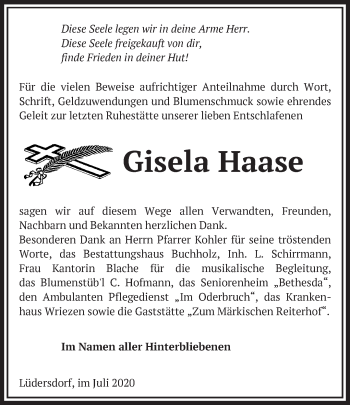 Traueranzeige von Gisela Haase von Märkische Oderzeitung