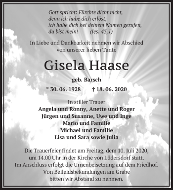 Traueranzeige von Gisela Haase von Märkische Oderzeitung