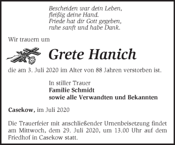 Traueranzeige von Grete Hanich von Märkische Oderzeitung