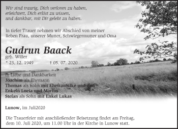 Traueranzeige von Gudrun Baack von Märkische Oderzeitung