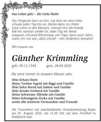 Traueranzeige von Günther Krimmling von Märkische Oderzeitung