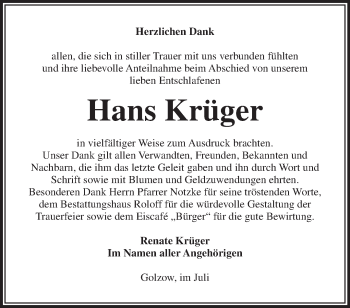 Traueranzeige von Hans Krüger von Märkische Oderzeitung