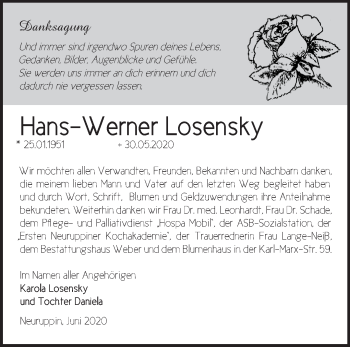 Traueranzeige von Hans-Werner Losensky von Märkische Oderzeitung