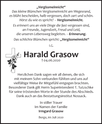 Traueranzeige von Harald Grasow von Märkische Oderzeitung