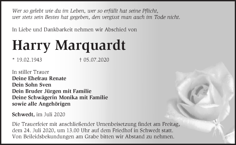  Traueranzeige für Harry Marquardt vom 12.07.2020 aus Märkische Oderzeitung