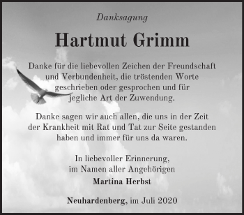 Traueranzeige von Hartmut Grimm von Märkische Oderzeitung