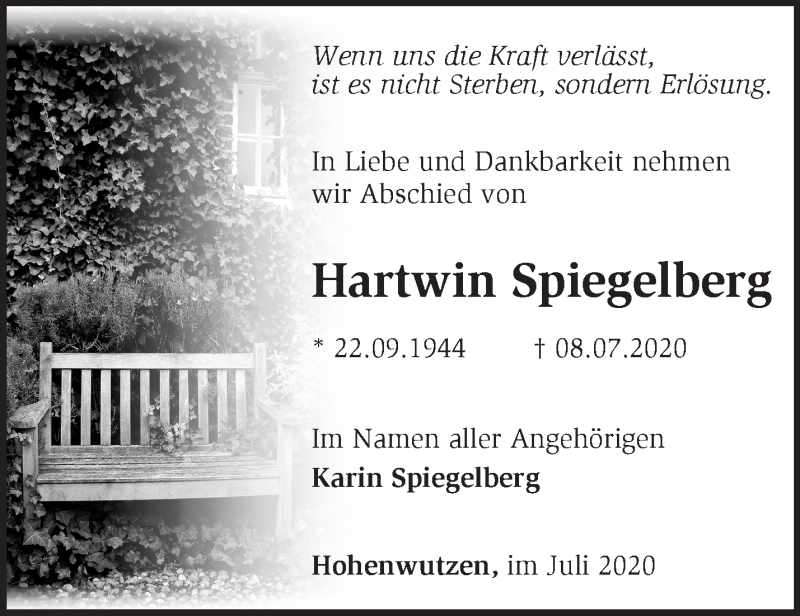  Traueranzeige für Hartwin Spiegelberg vom 19.07.2020 aus Märkische Oderzeitung