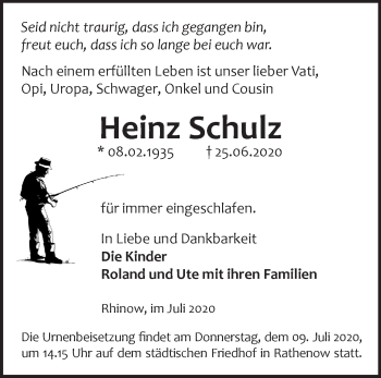 Traueranzeige von Heinz Schulz von Märkische Oderzeitung