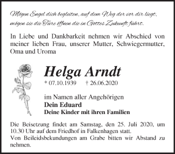 Traueranzeige von Helga Arndt von Märkische Oderzeitung