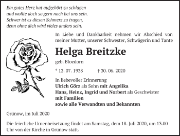 Traueranzeige von Helga Breitzke von Märkische Oderzeitung