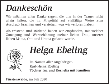 Traueranzeige von Helga Ebeling von Märkische Oderzeitung