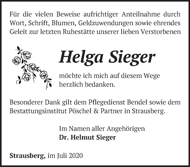  Traueranzeige für Helga Sieger vom 18.07.2020 aus Märkische Oderzeitung