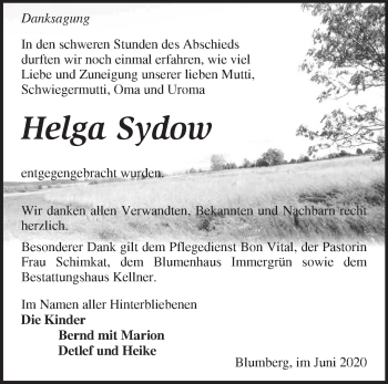 Traueranzeige von Helga Sydow von Märkische Oderzeitung