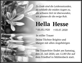 Traueranzeige von Hella Hesse von Märkische Oderzeitung