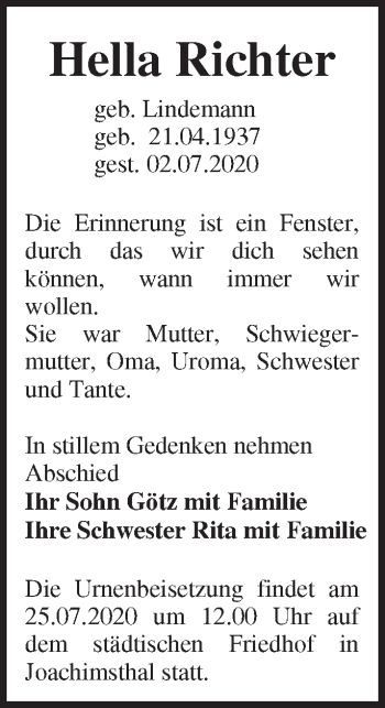 Traueranzeige von Hella Richter von Märkische Oderzeitung