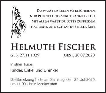 Traueranzeige von Helmut Fischer von Märkische Oderzeitung