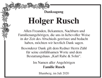 Traueranzeige von Holger Rusch von Märkische Oderzeitung