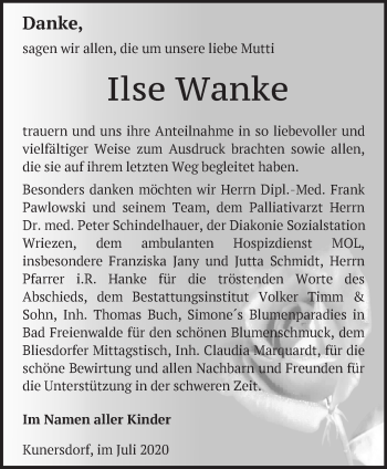 Traueranzeige von Ilse Wanke von Märkische Oderzeitung