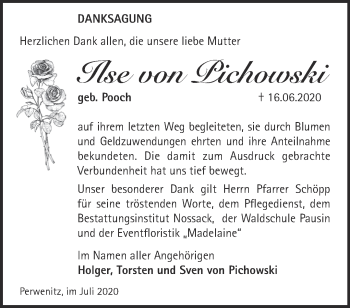 Traueranzeige von Ilse von Pichowski von Märkische Oderzeitung