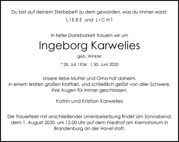 Traueranzeige von Ingeborg Karwelies von Märkische Oderzeitung