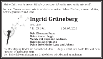 Traueranzeige von Ingrid Grüneberg von Märkische Oderzeitung