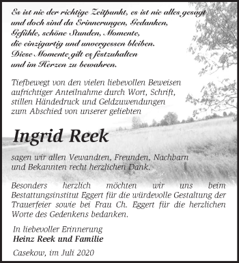 Traueranzeige von Ingrid Reek von Märkische Oderzeitung