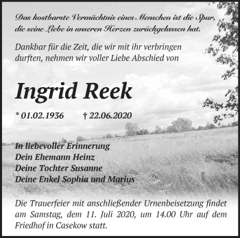 Traueranzeige von Ingrid Reek von Märkische Oderzeitung