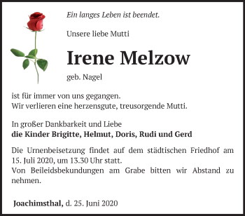 Traueranzeige von Irene Melzow von Märkische Oderzeitung