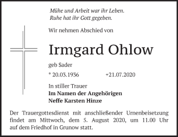 Traueranzeige von Irmgard Ohlow von Märkische Oderzeitung