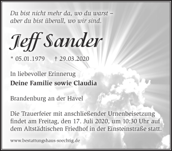 Traueranzeige von Jeff Sander von Märkische Oderzeitung