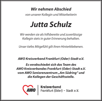 Traueranzeige von Jutta Schulz von Märkische Oderzeitung