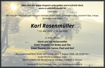 Traueranzeige von Karl Rosenmüller von Märkische Oderzeitung