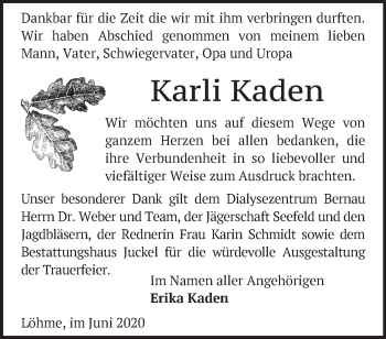 Traueranzeige von Karli Kaden von Märkische Oderzeitung