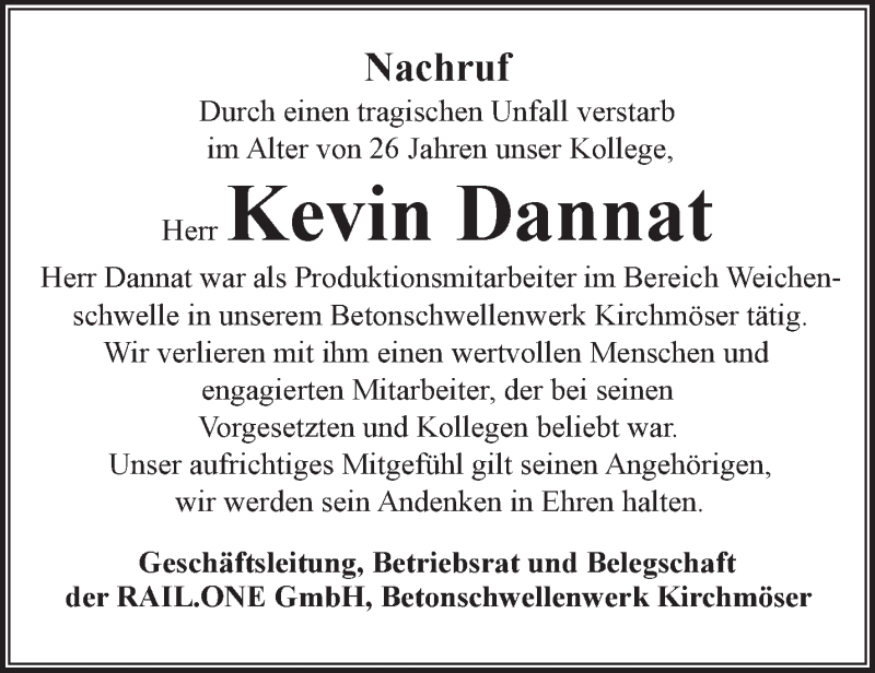  Traueranzeige für Kevin Dannat vom 26.07.2020 aus Märkische Oderzeitung