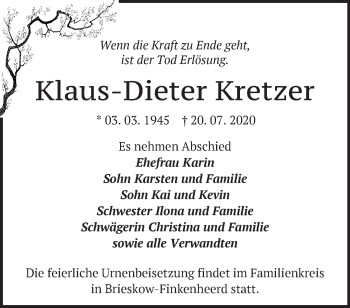 Traueranzeige von Klaus-Dieter Kretzer von Märkische Oderzeitung