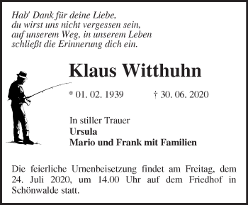 Traueranzeige von Klaus Witthuhn von Märkische Oderzeitung