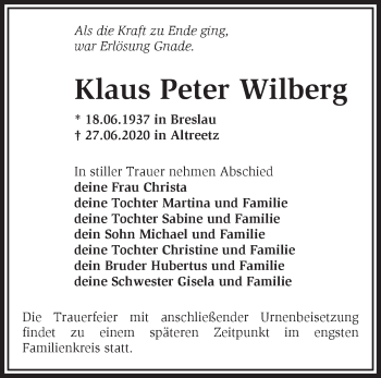 Traueranzeige von Klaus Peter Wilberg von Märkische Oderzeitung