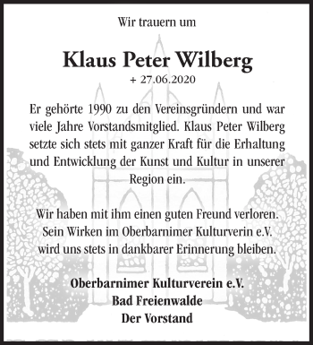 Traueranzeige von Klaus Peter Wilberg von Märkische Oderzeitung