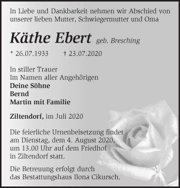 Traueranzeige von Käthe Ebert von Märkische Oderzeitung