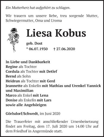 Traueranzeige von Liesa Kobus von Märkische Oderzeitung