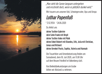 Traueranzeige von Lothar Papenfuß von Märkische Oderzeitung