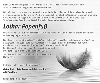 Traueranzeige von Lothar Papenfuß von Märkische Oderzeitung