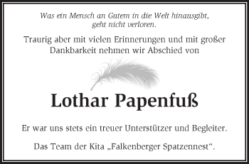 Traueranzeige von Lothar Papenfuß von Märkische Oderzeitung