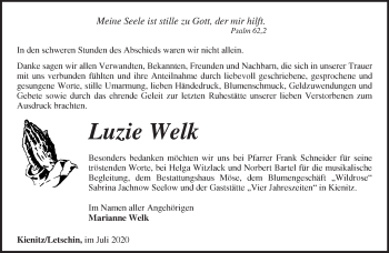 Traueranzeige von Luzie Welk von Märkische Oderzeitung