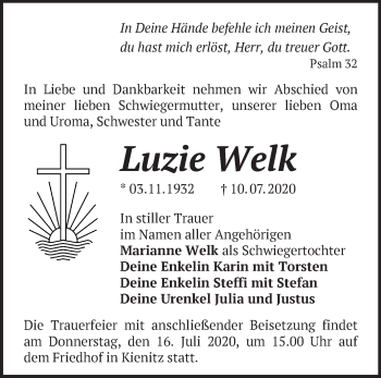 Traueranzeige von Luzie Welk von Märkische Oderzeitung