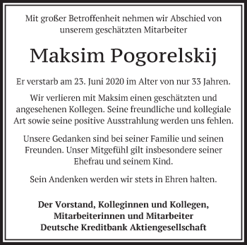 Traueranzeige von Maksim Pogorelskij von Märkische Oderzeitung