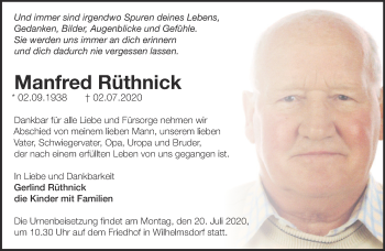 Traueranzeige von Manfred Rüthnick von Märkische Oderzeitung