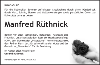 Traueranzeige von Manfred Rüthnick von Märkische Oderzeitung