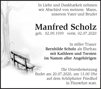 Traueranzeige von Manfred Scholz von Märkische Oderzeitung